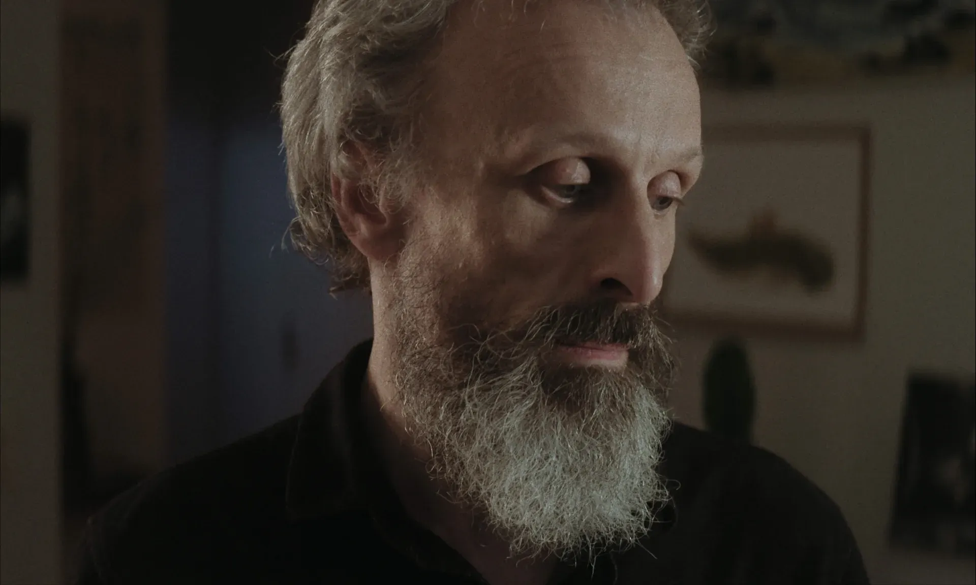 A bearded man looking down indoors in Les Homards Immortels