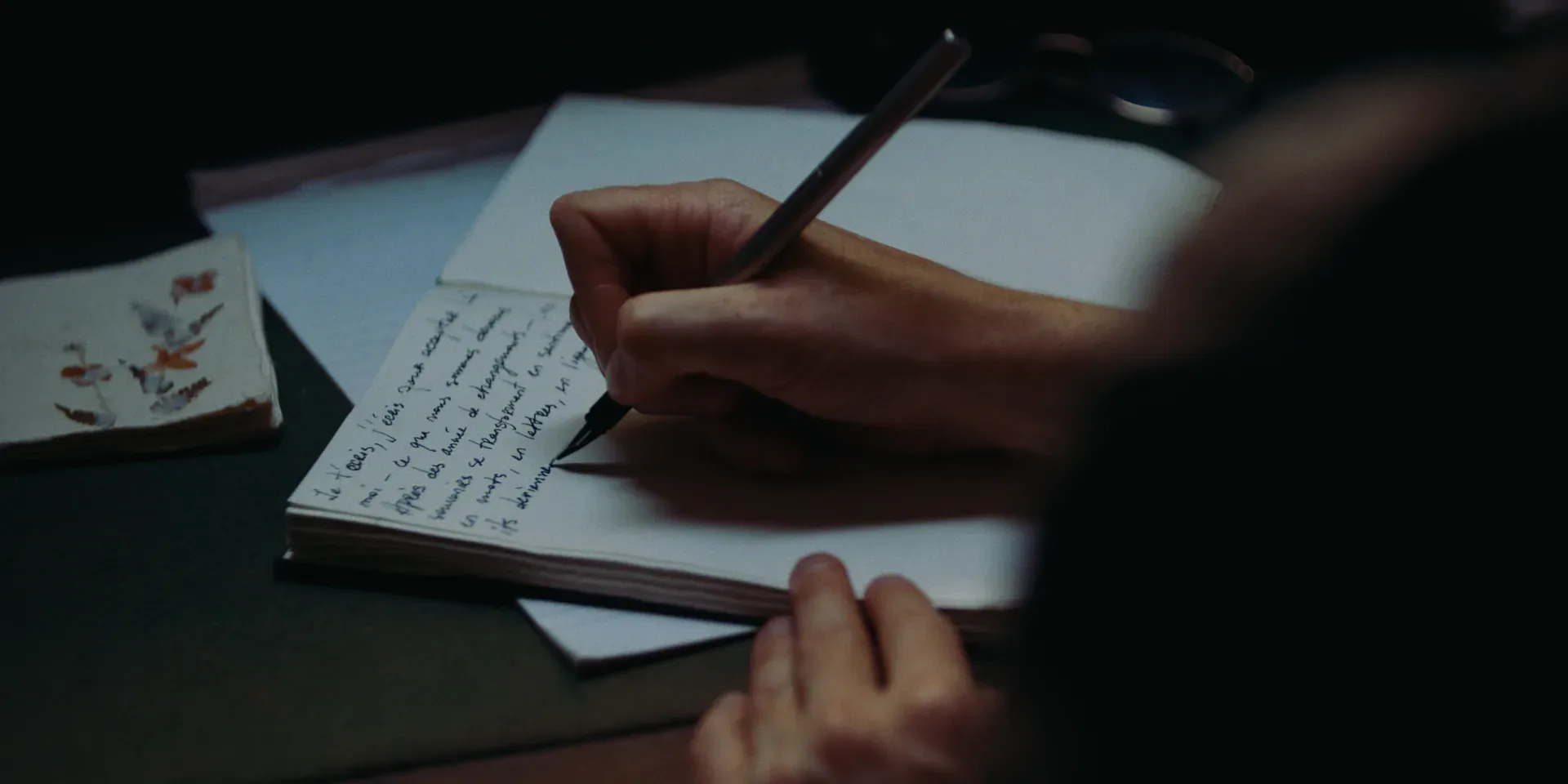 Close-up of hands writing in a diary in The Tears of Things